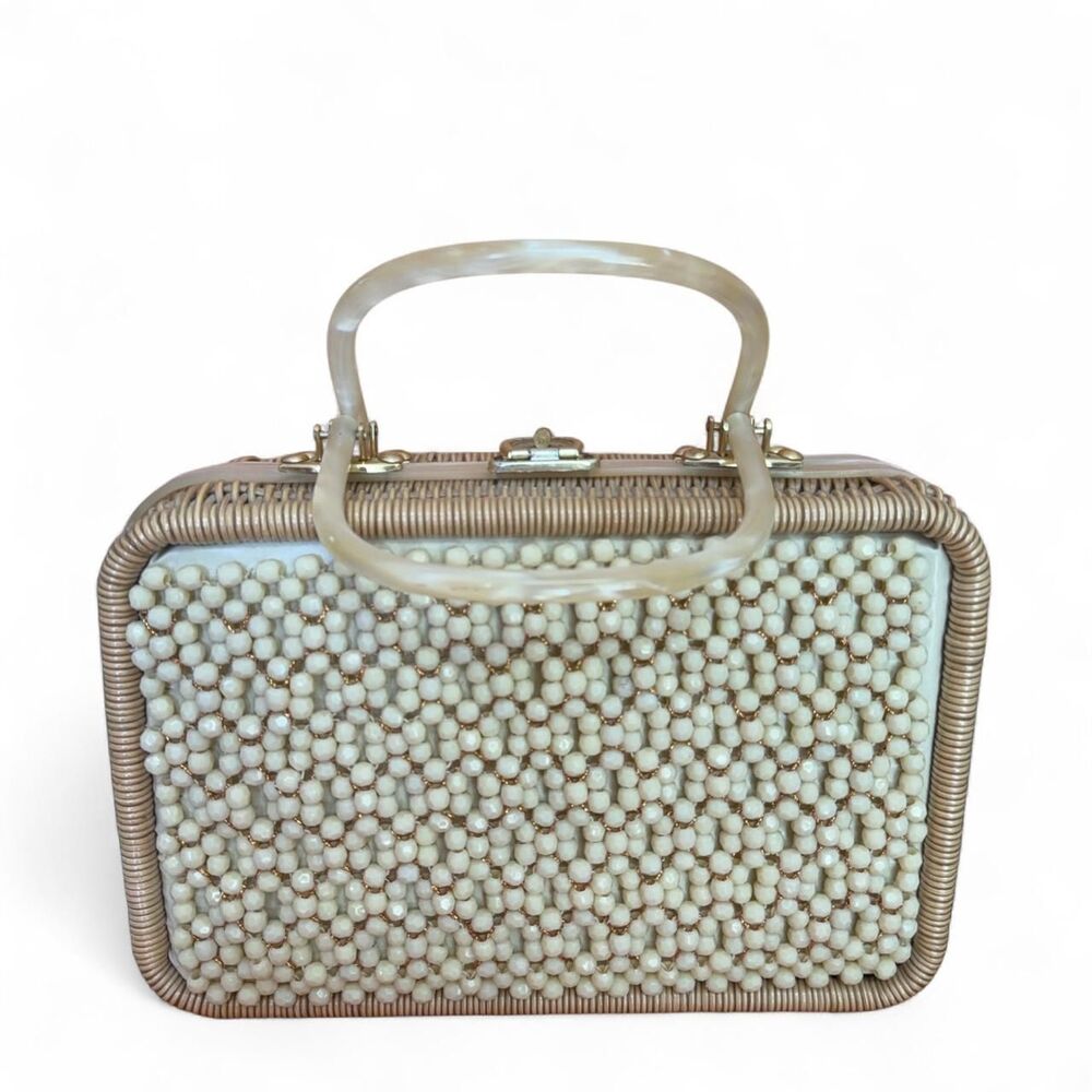 Vintage Wicker Rattan Box Bag Beaded Pearl Lucite Handle Purse